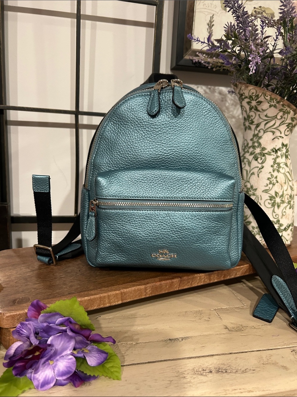 Coach Teal Pebbled Leather Mini Backpack